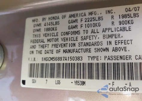 2007 Honda Accord 2.4 Ex z USA, uszkodzony, nr VIN 1HGCM56897A150383